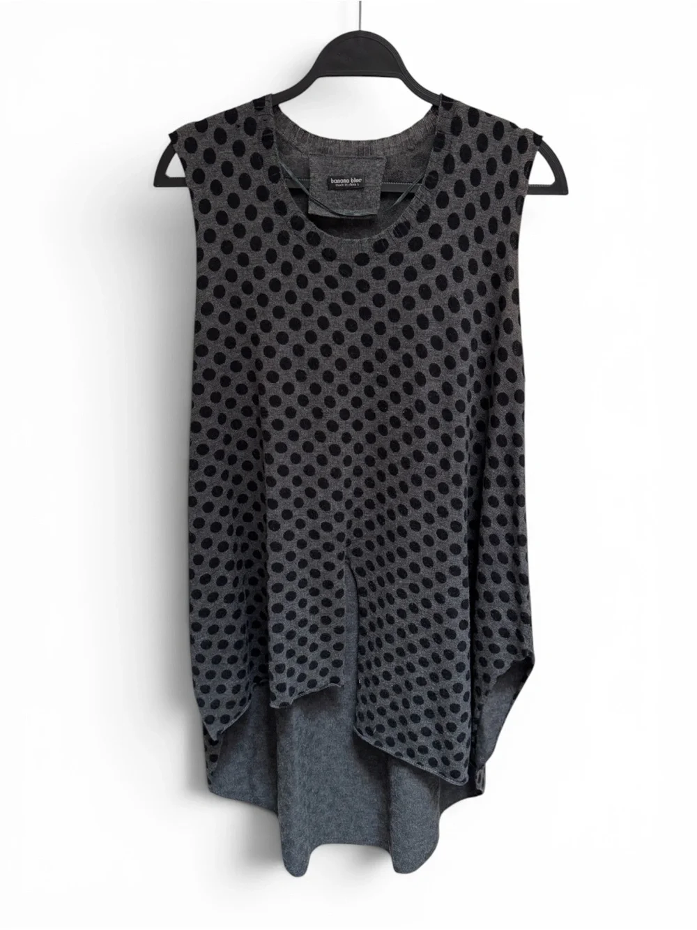 Banana Blue Gray Wool Top With Black Polka Dots